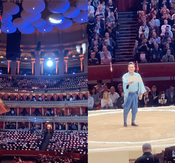 ホール天井の音響拡散材「マッシュルーム」（左 ）と利樹之丞の呼び上げ（右）