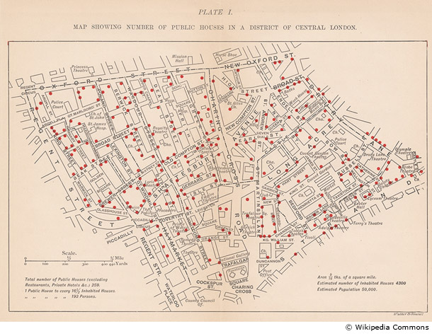 1899年作成のロンドン中心部のパブ数を表した地図