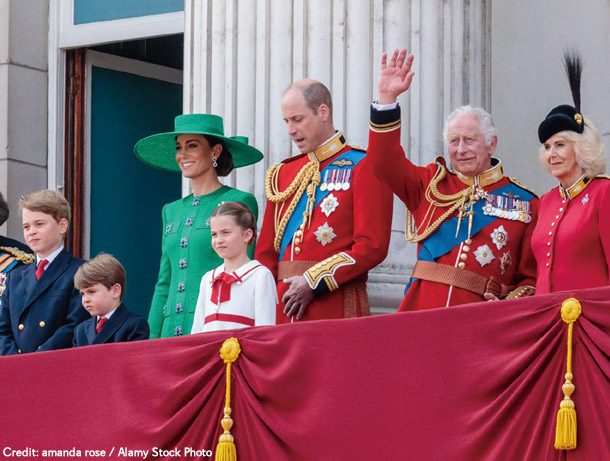 バッキンガムパレスのバルコニーに立つ王室のメンバー