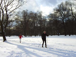 英国庭園でスキーをする人たち