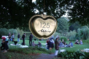 湖に面した広大な庭には、「Mies 125」の文字が至るところに
