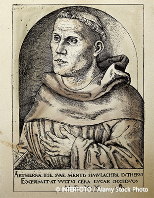 1520年ごろ、画家クラーナハ（1472-1553）が描いたルターの銅版画。ルターの人物画もまた、活版印刷によって多くの人に知れ渡った