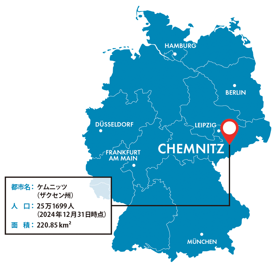 都市名：ケムニッツ（ザクセン州）、人口：25万1699人、面積：220.85 km²、（2024年12月31日時点）

