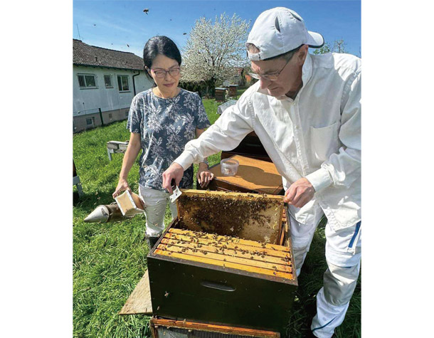 養蜂場で作業するメルヒャーさんと夫のペーターさん